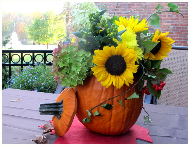 Pumpkin with two Sunflowers